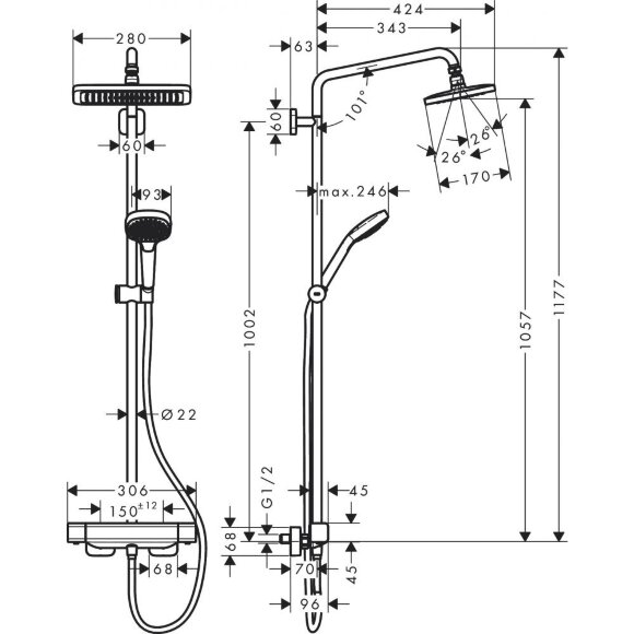 Душевая система hansgrohe Croma E Showerpipe 280 1jet 27630000 Душевая система hansgrohe Croma E Showerpipe 280 1jet 27630000