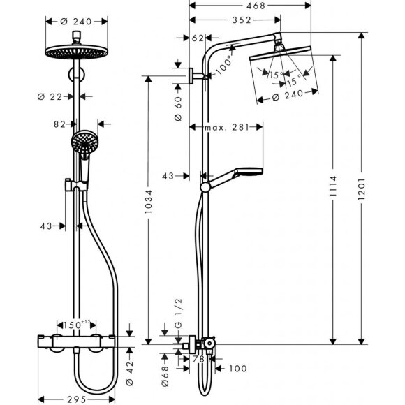 Душевая система hansgrohe Crometta S 240 1jet Showerpipe EcoSmart с термостатом 27268000 Душевая система hansgrohe Crometta S 240 1jet Showerpipe EcoSmart с термостатом 27268000