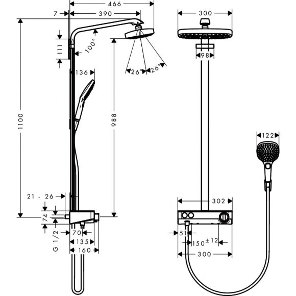 Душевая система hansgrohe Raindance Select E 300 2jet Showerpipe с термостатом, белый/хром 27126400 Душевая система hansgrohe Raindance Select E 300 2jet Showerpipe с термостатом, белый/хром 27126400
